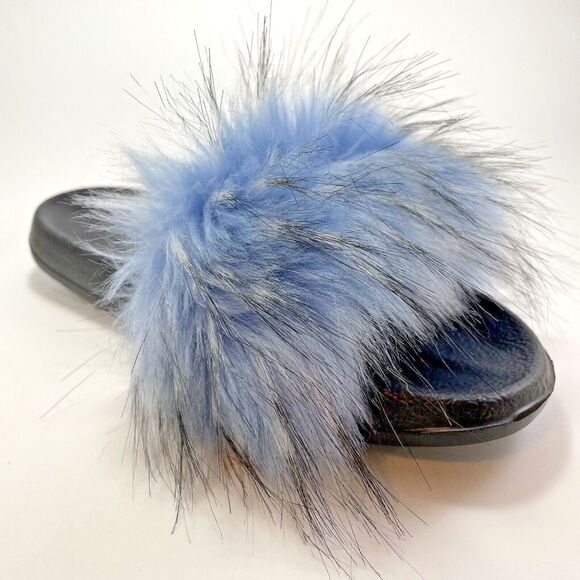 Faux Fox Fur Slides/Slippers Women's US 7.5-8 Light Blue Fuzzy Fluffy Flat Soft - Picture 3 of 15